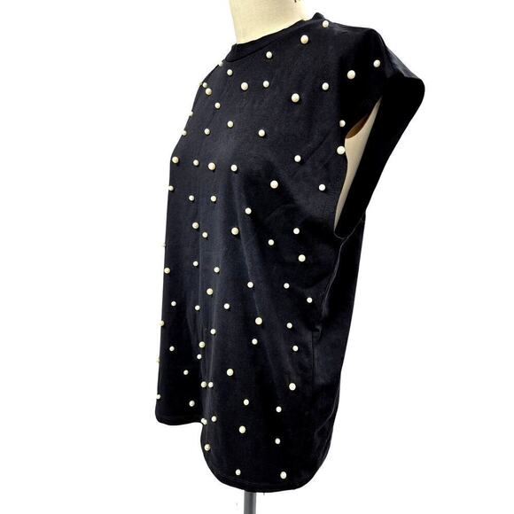 NWT Asos 100% Cotton Black Tunic Top Faux Pearl Design Sleeveless Sz M - Picture 2 of 5